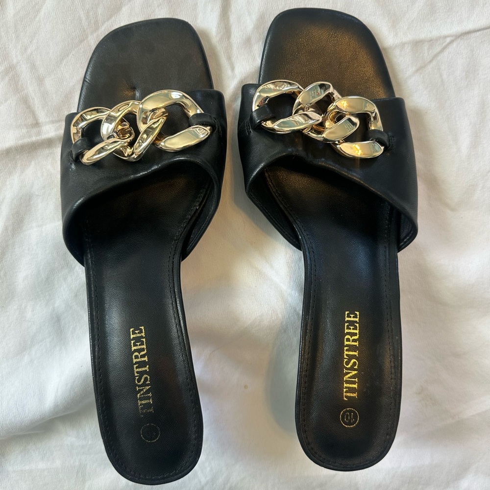 Tinstree Black Slide Sandals with Gold Chain Accent